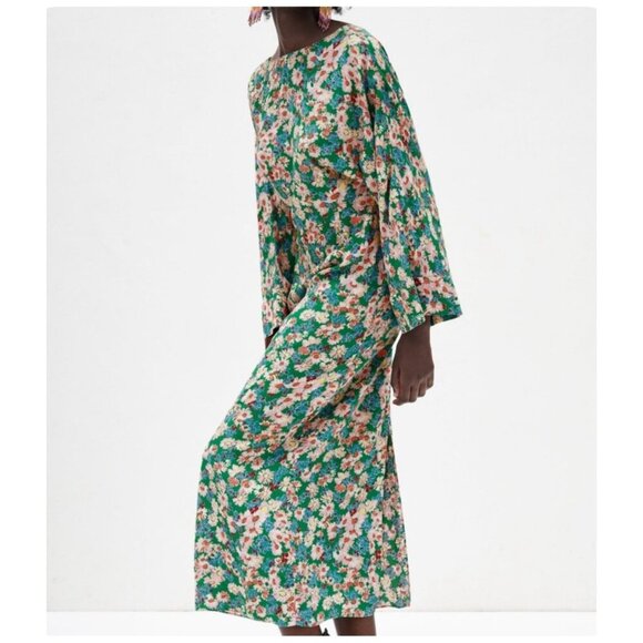 ZARA Floral Print Long Sleeve Midi Dress in Green Long Sleeves Women's Size S - Picture 13 of 13
